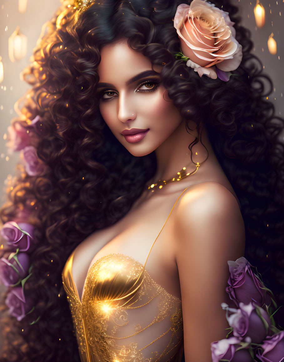 Woman with voluminous curly hair, rose, gold jewelry, strapless dress in warm ambiance.