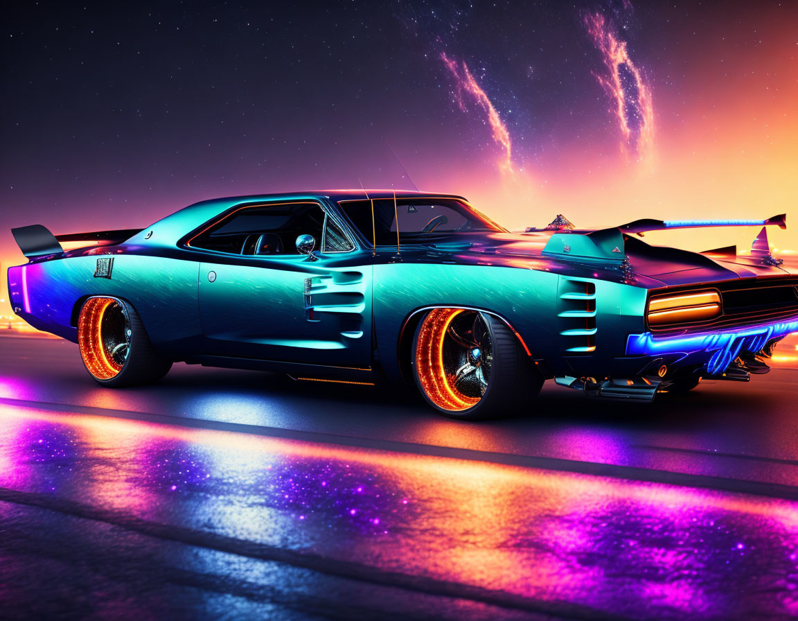 Classic Muscle Car with Glowing Wheels on Neon-lit Surface