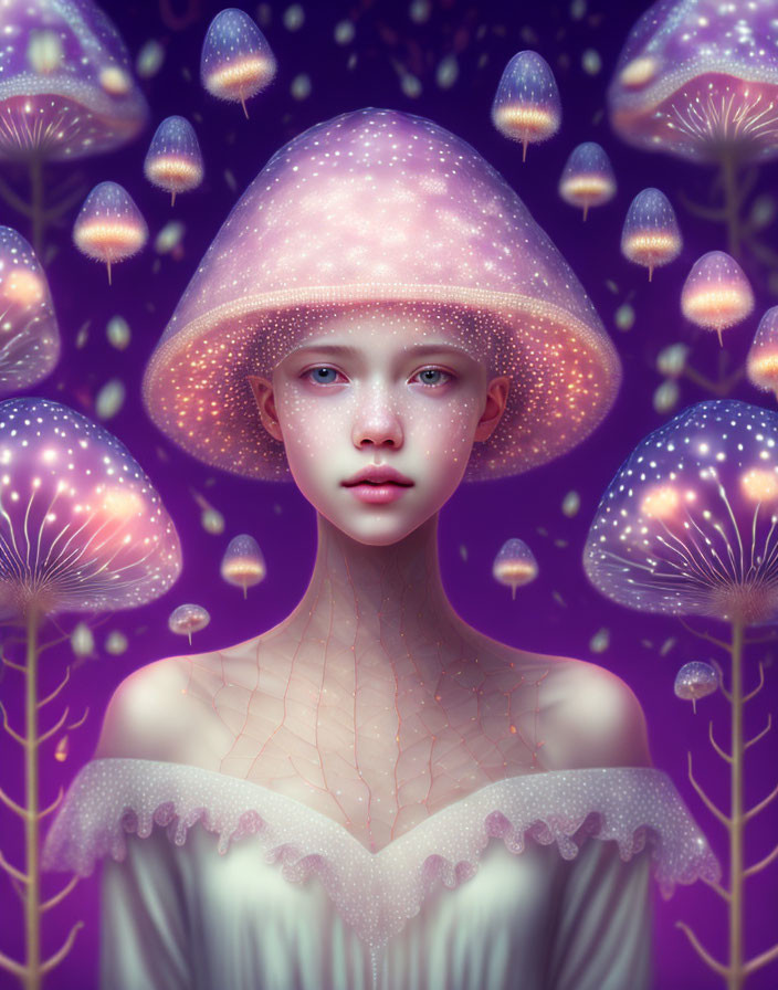 Surreal portrait of girl with luminous mushroom cap and floating jellyfish mushrooms on purple background