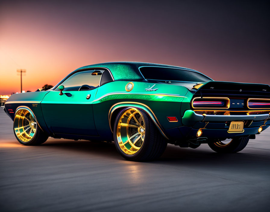 Vintage Green Muscle Car with Golden Rims at Sunset