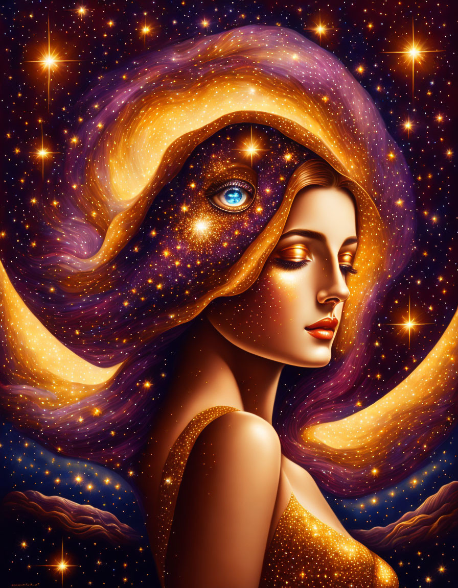 Woman Illustration with Cosmic Background and Third Eye