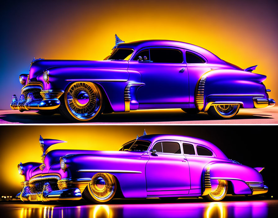 Classic Purple Car with Neon Yellow Highlights on Warm Gradient Background