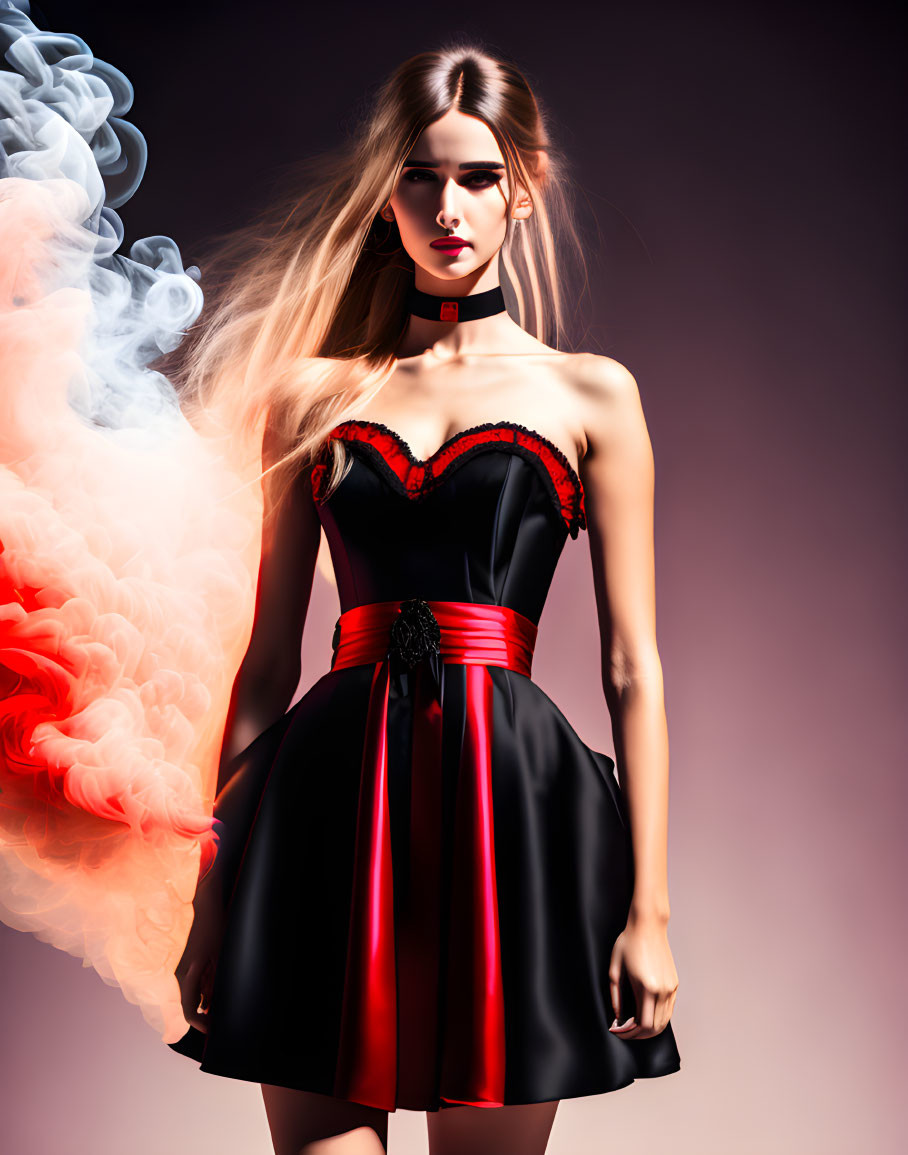 Digital artwork featuring woman in black and red dress with long hair against swirling smoke