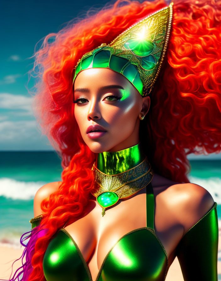 Vibrant red-haired woman in emerald green armor on beach