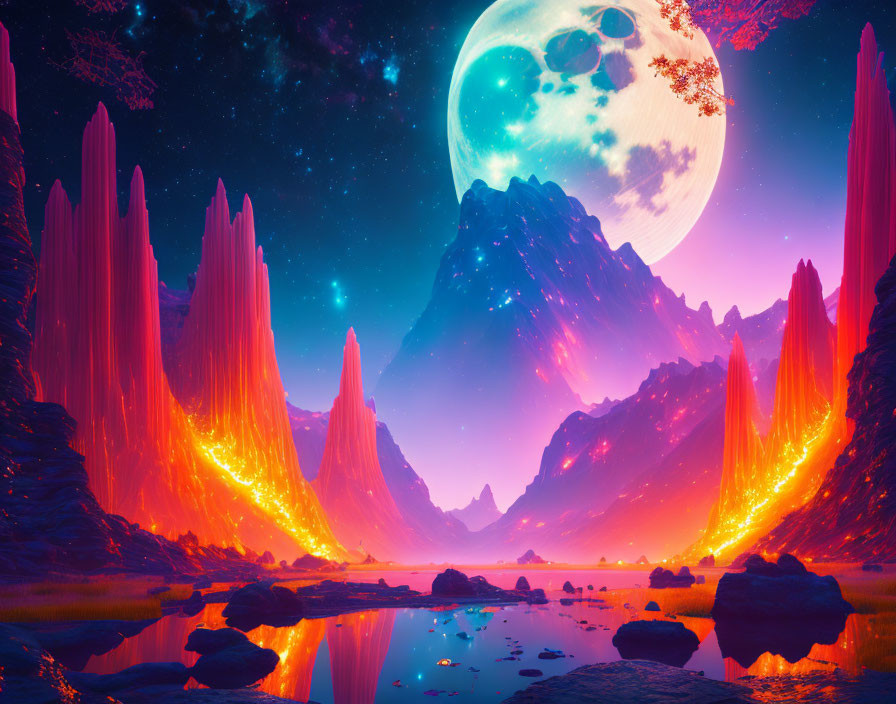 Alien landscape with luminous lava, jagged peaks, moon, starry sky, reflective water