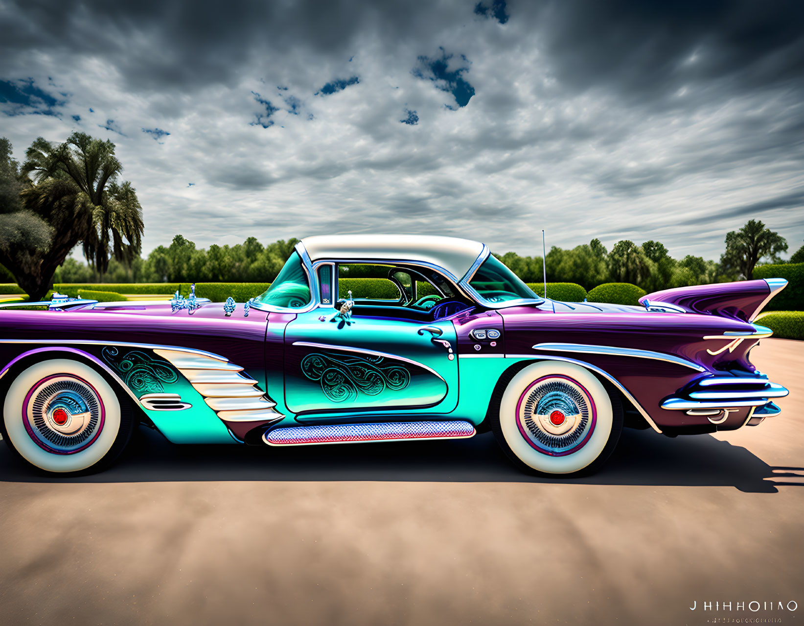 Classic purple car with white-walled tires and tailfins in park setting