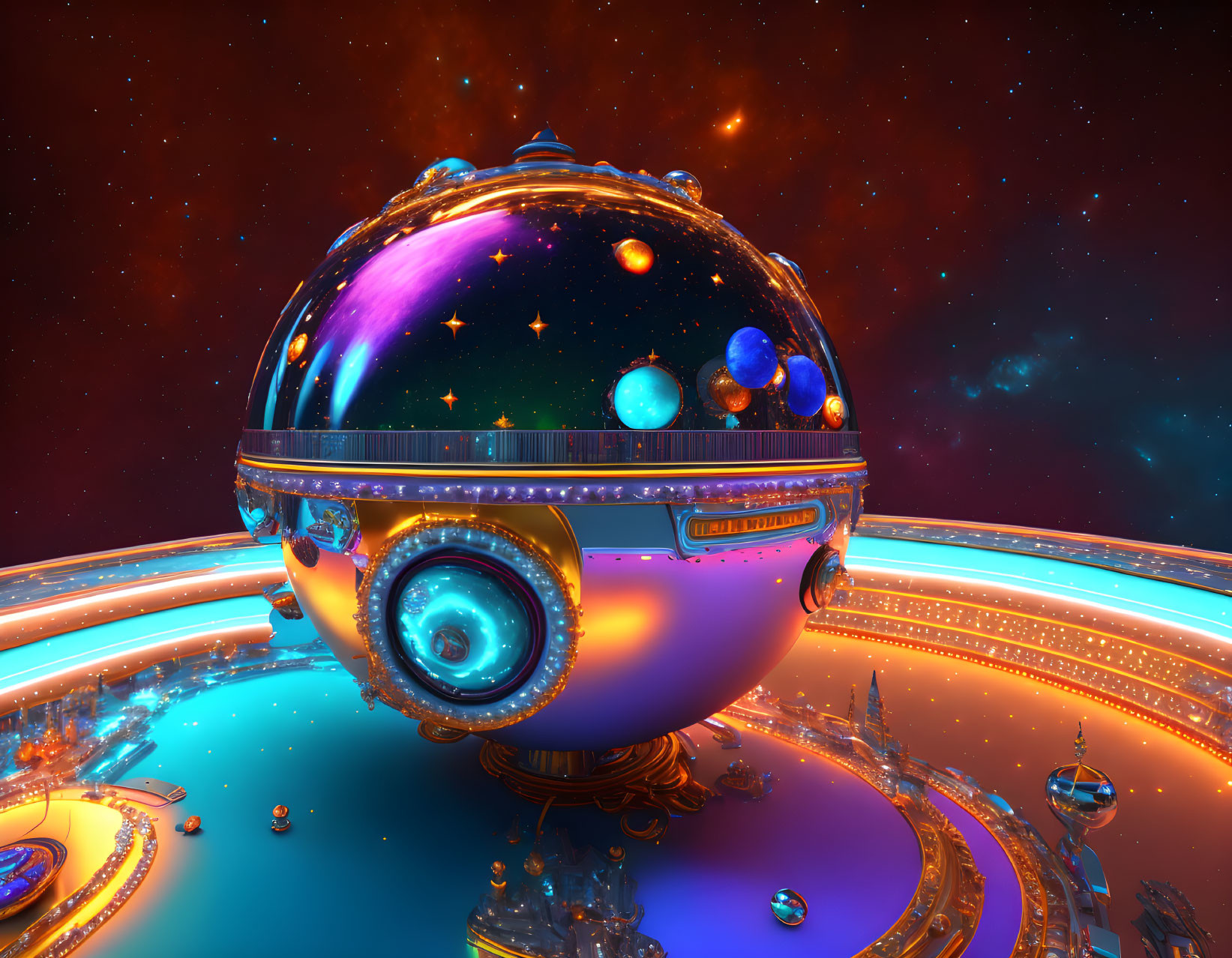 Colorful futuristic sphere with cosmic stars and golden rings in space