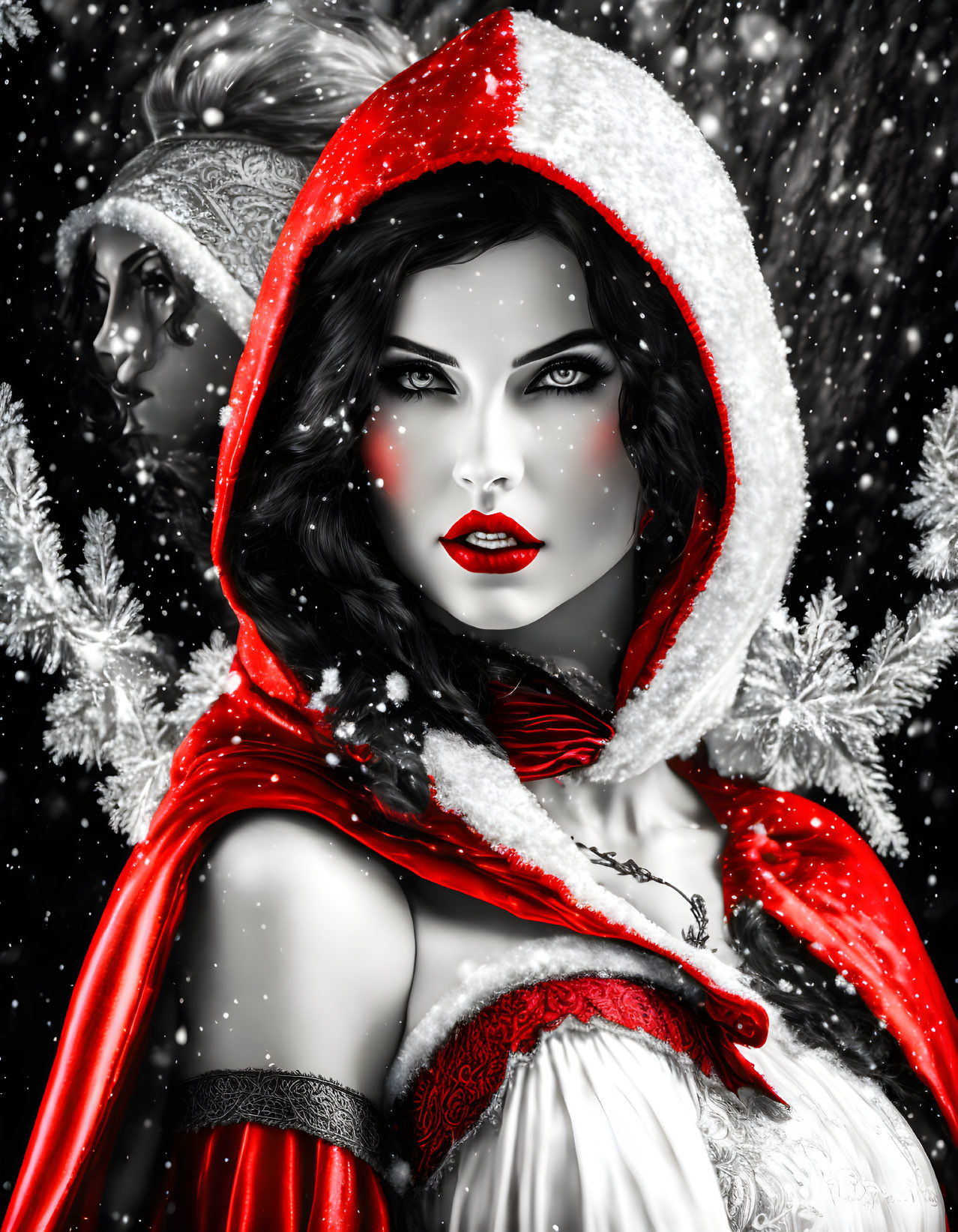 Stylized image of two women in red and white winter attire and falling snowflakes