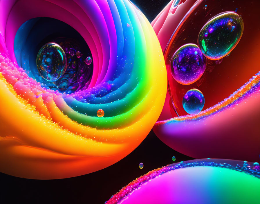 Vibrant Swirling Patterns and Floating Bubbles in Psychedelic Close-Up