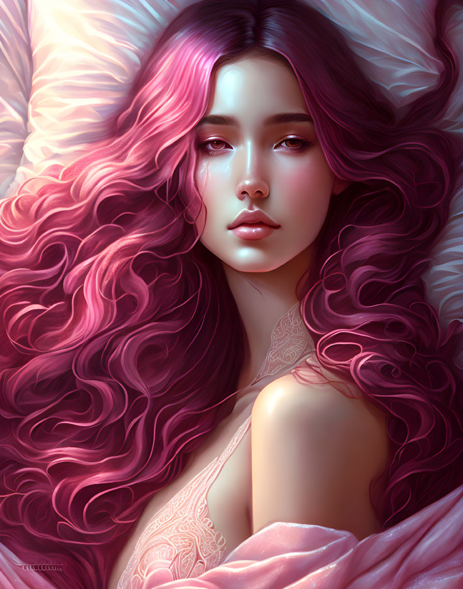 Vibrant pink-haired woman lying on white pillows with detailed tattoo and soft gaze