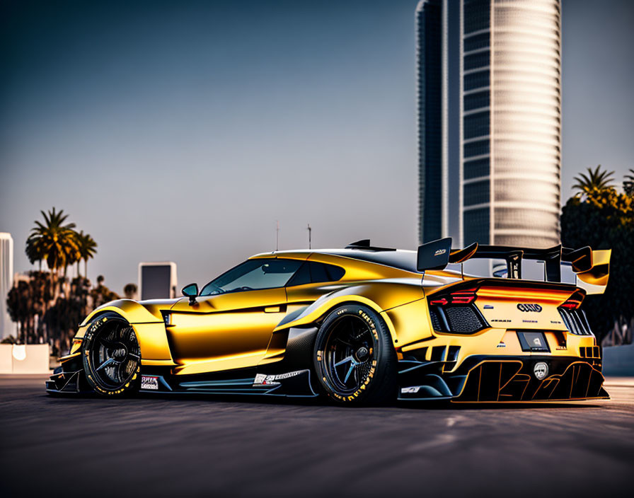 Golden Racing Car with Black Accents and Rear Wing Against Palm Trees and Skyscraper