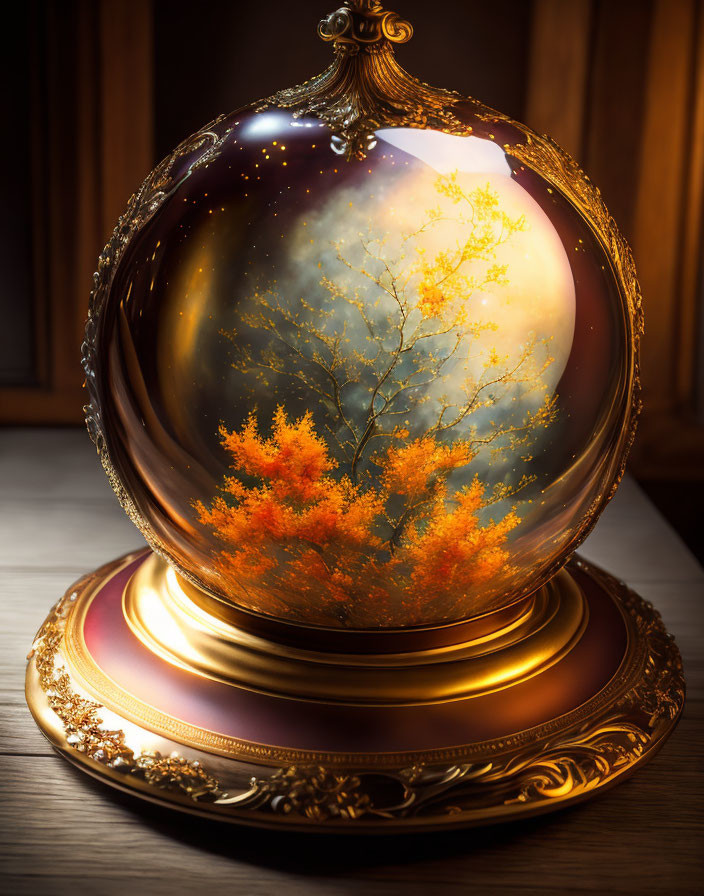 Golden orb with autumn tree scene on decorative base