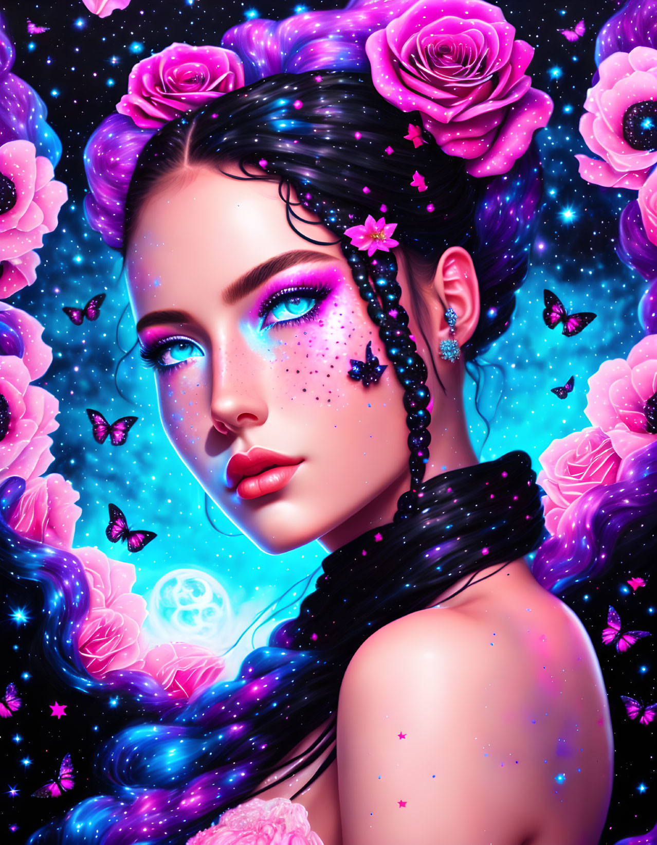 Vivid makeup woman with pink roses, butterflies, and moon portrait