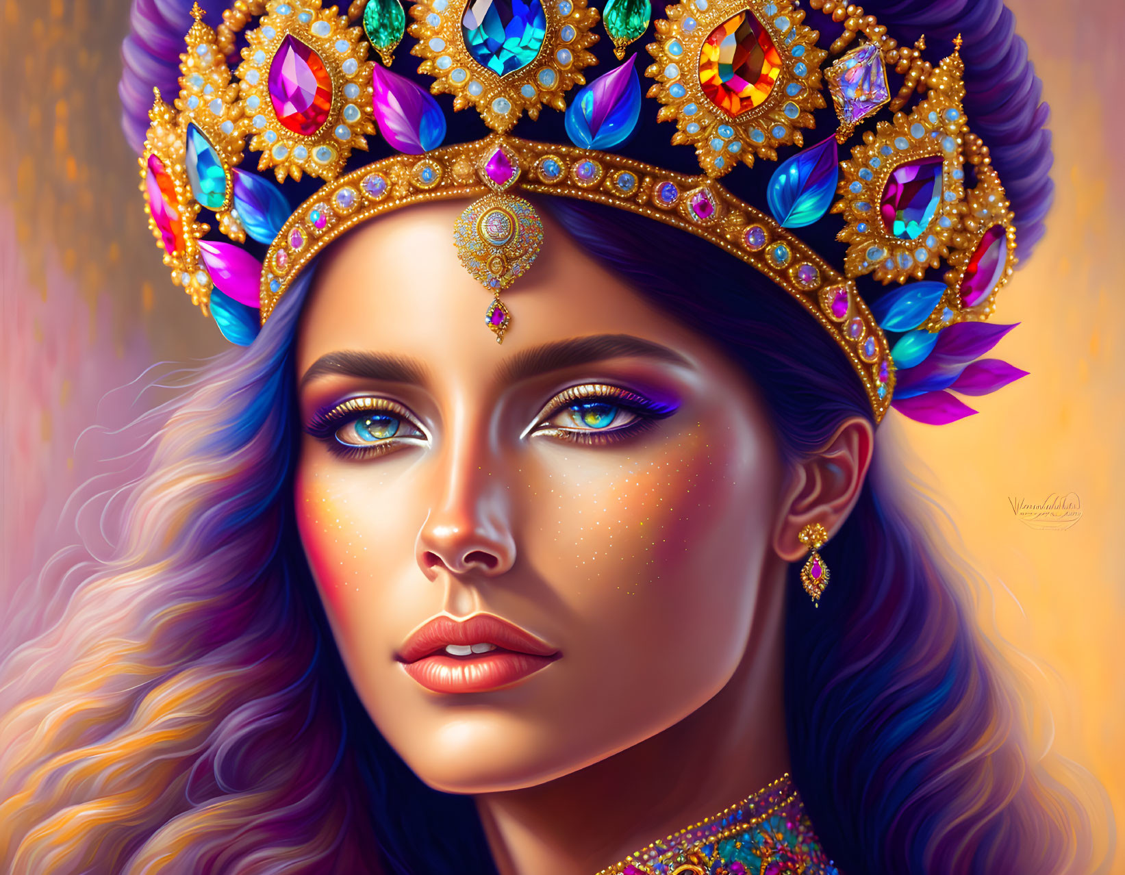 Vibrant Blue-Eyed Woman in Colorful Crown and Earrings