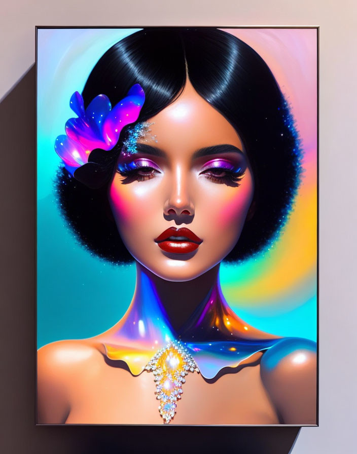 Colorful woman portrait with vibrant makeup and flower-adorned bob haircut.