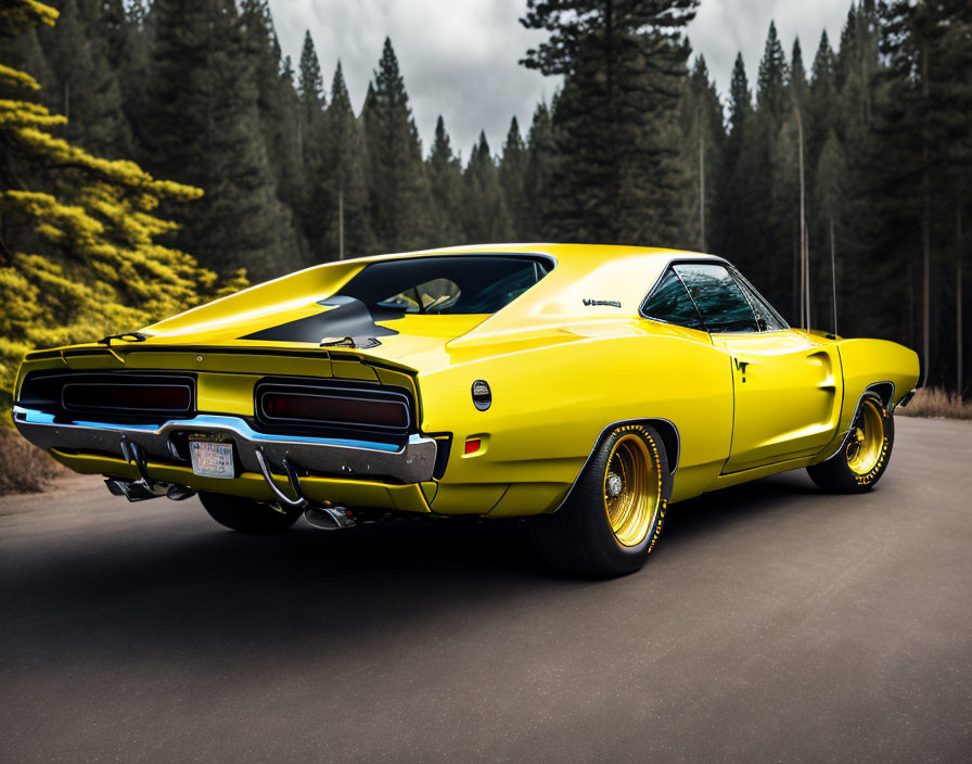 Yellow Vintage Muscle Car with Black Stripes on Asphalt Road