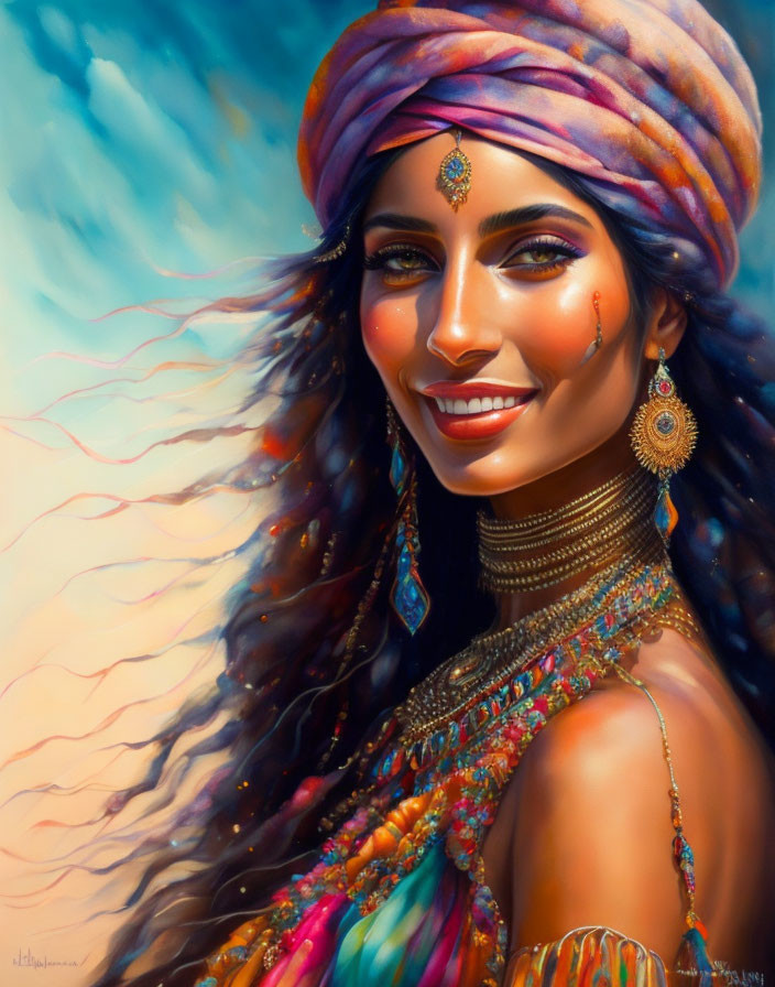 Colorful Turban and Vibrant Attire on Smiling Woman