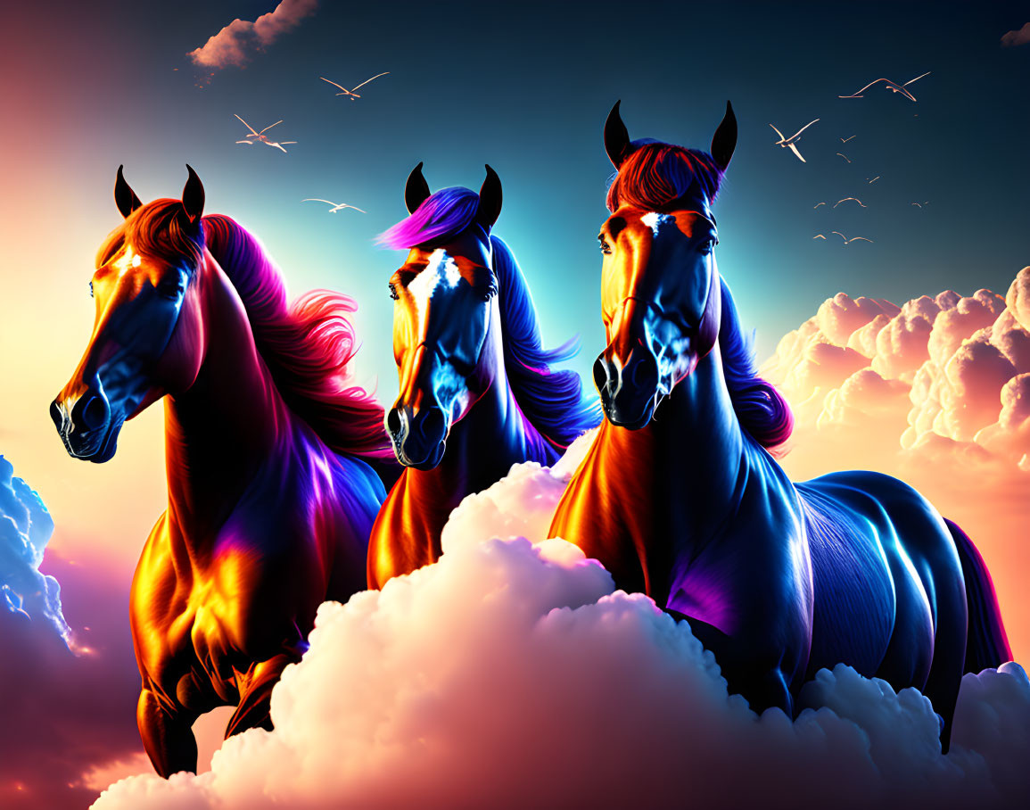 Colorful illustrated horses under dramatic sky with birds and clouds