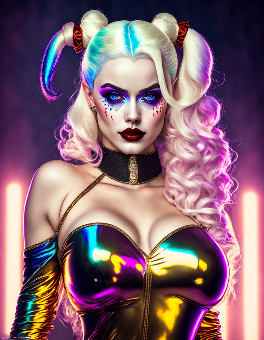 Illustrated character: White hair, purple makeup, gold and black outfit on neon-lit purple background