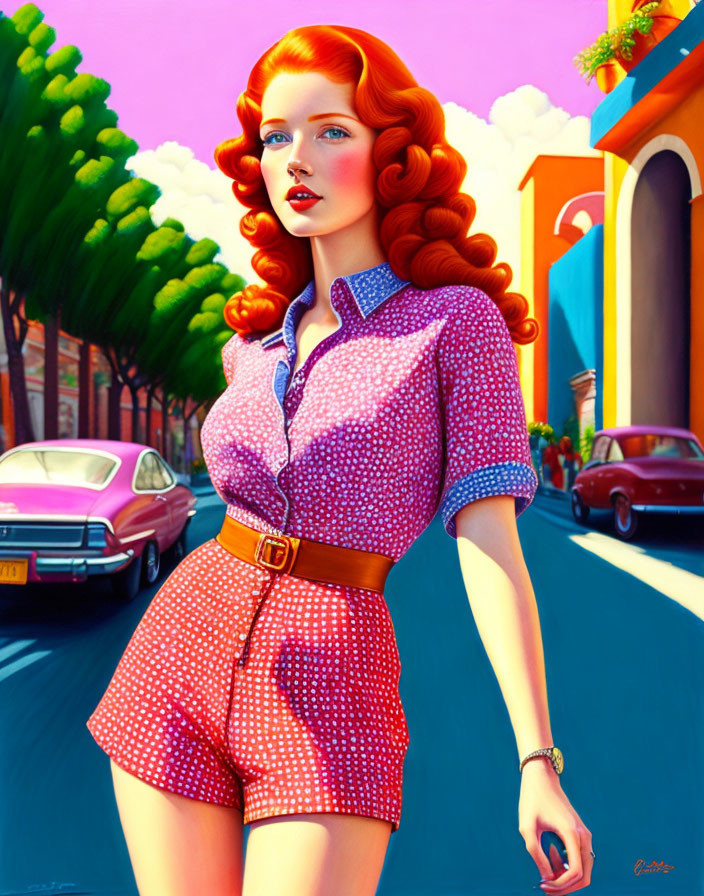 Red-haired woman in polka-dot outfit strolling on vibrant street with vintage cars