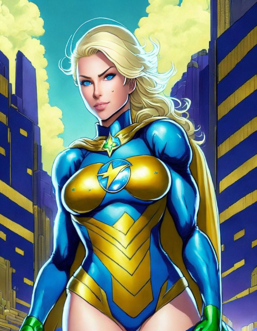 Blonde superhero in blue and gold costume with city skyline background.