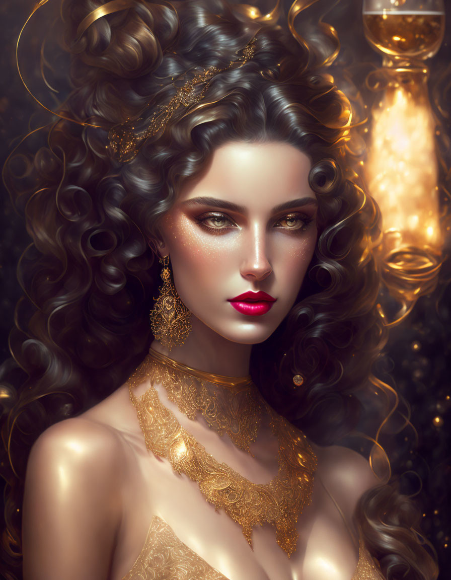 Portrait of woman with curly hair, makeup, gold jewelry, regal outfit on dark sparkly backdrop