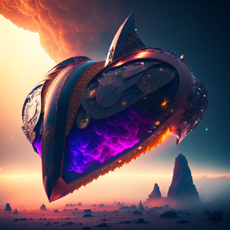 Futuristic spaceship over alien landscape with glowing purple energy