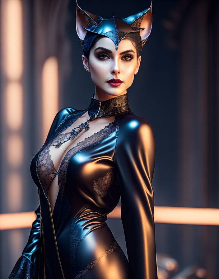 Woman in Black Latex Bodysuit with Bat-Themed Headpiece on Dark Background