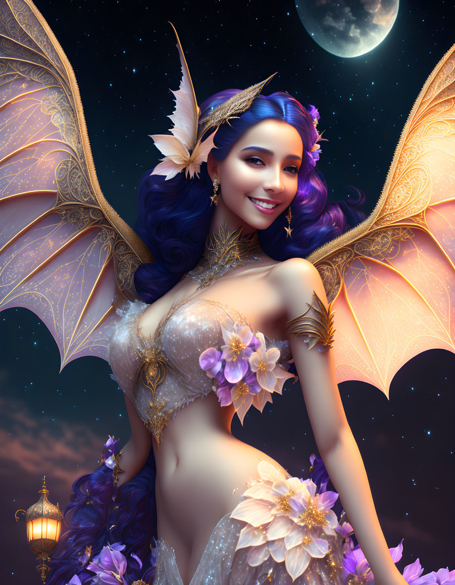 Fantasy illustration of smiling female with butterfly wings and purple hair