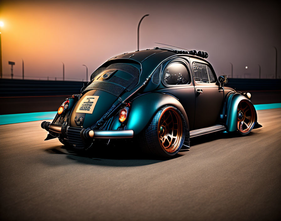 Customized black Volkswagen Beetle with orange rims at sunset