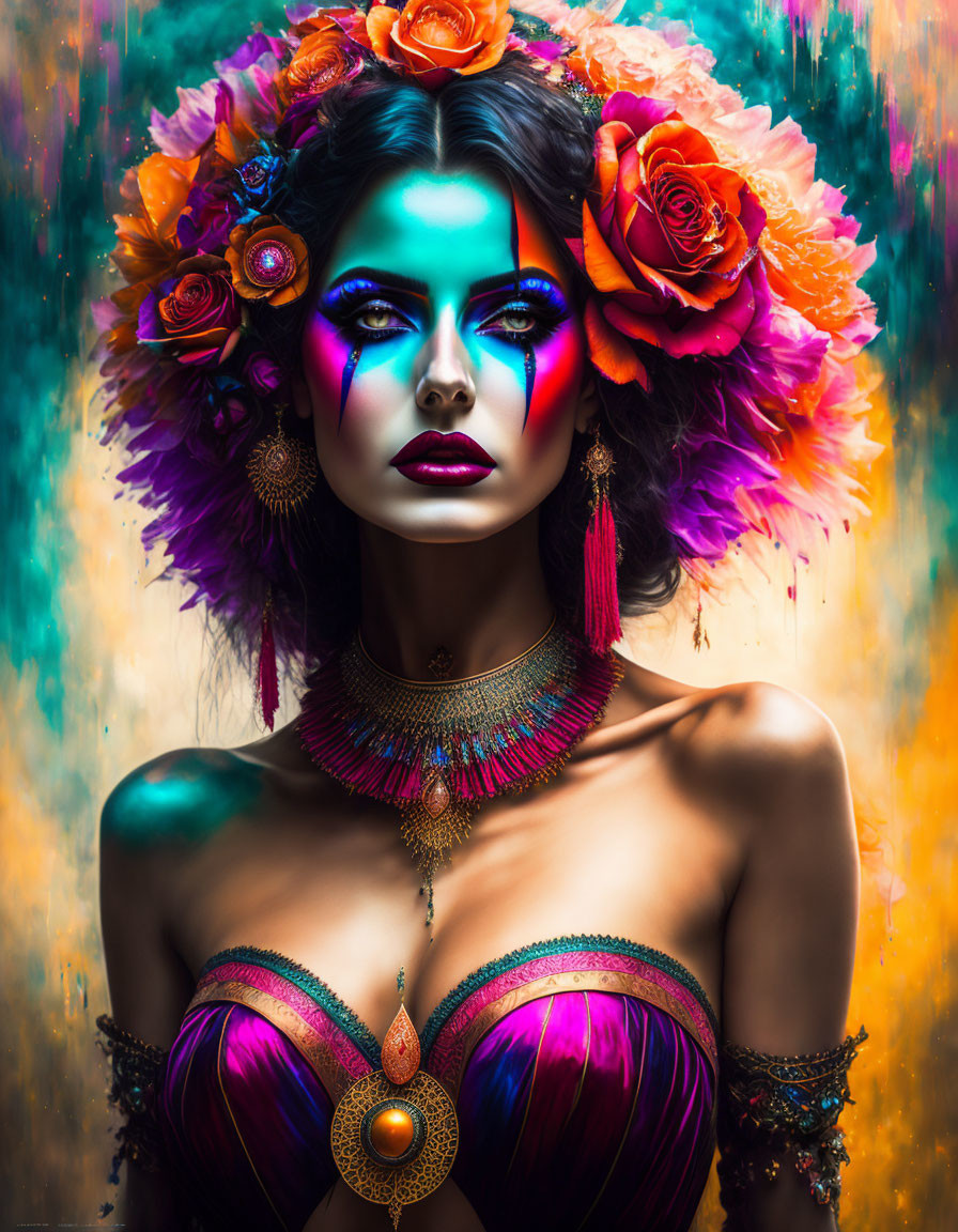 Vibrant makeup and floral headpiece on mystical woman