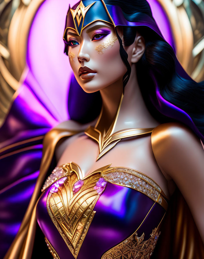 Female superhero illustration: gold tiara, purple & gold costume, long black hair, stylized background