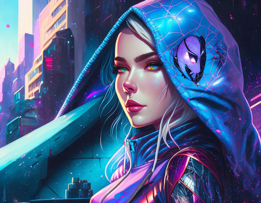 Illustration: Woman in Spider-Man hoodie with bold makeup and cyberpunk cityscape.