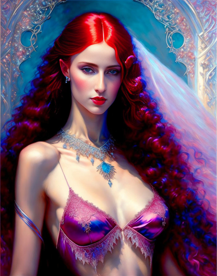 Fantasy illustration of a woman with red hair and pointed ears in purple bra.