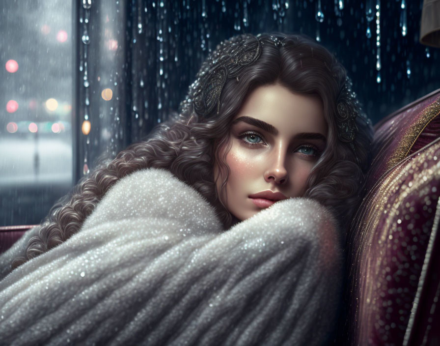 Digital artwork: Woman with curly hair and blue eyes wrapped in blanket by rain-spattered window