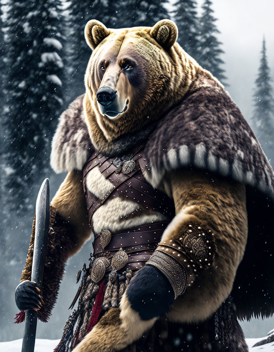 Anthropomorphic bear warrior in snow landscape.