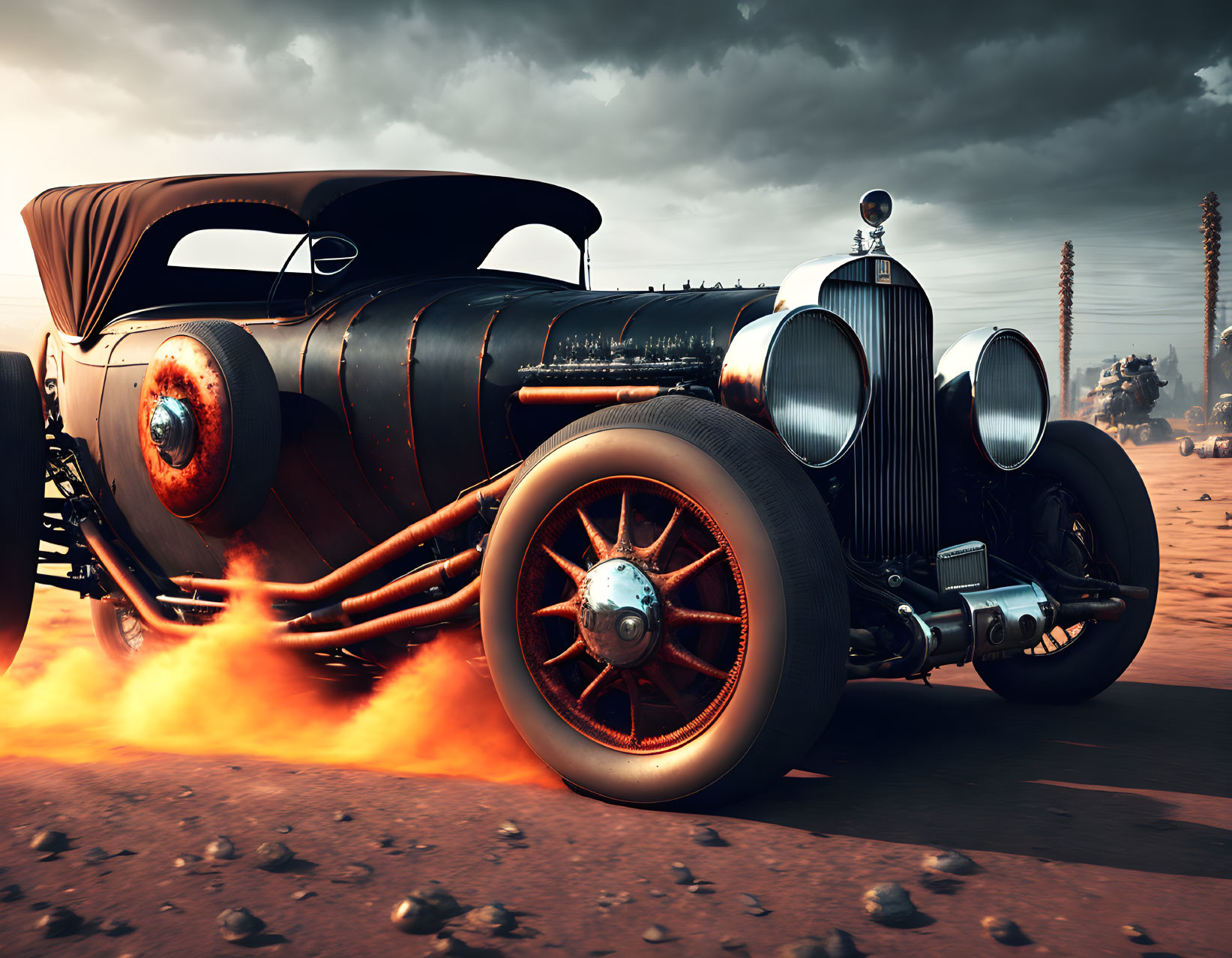 Vintage Hot Rod with Matte Black Finish and Flames Against Cloudy Sky