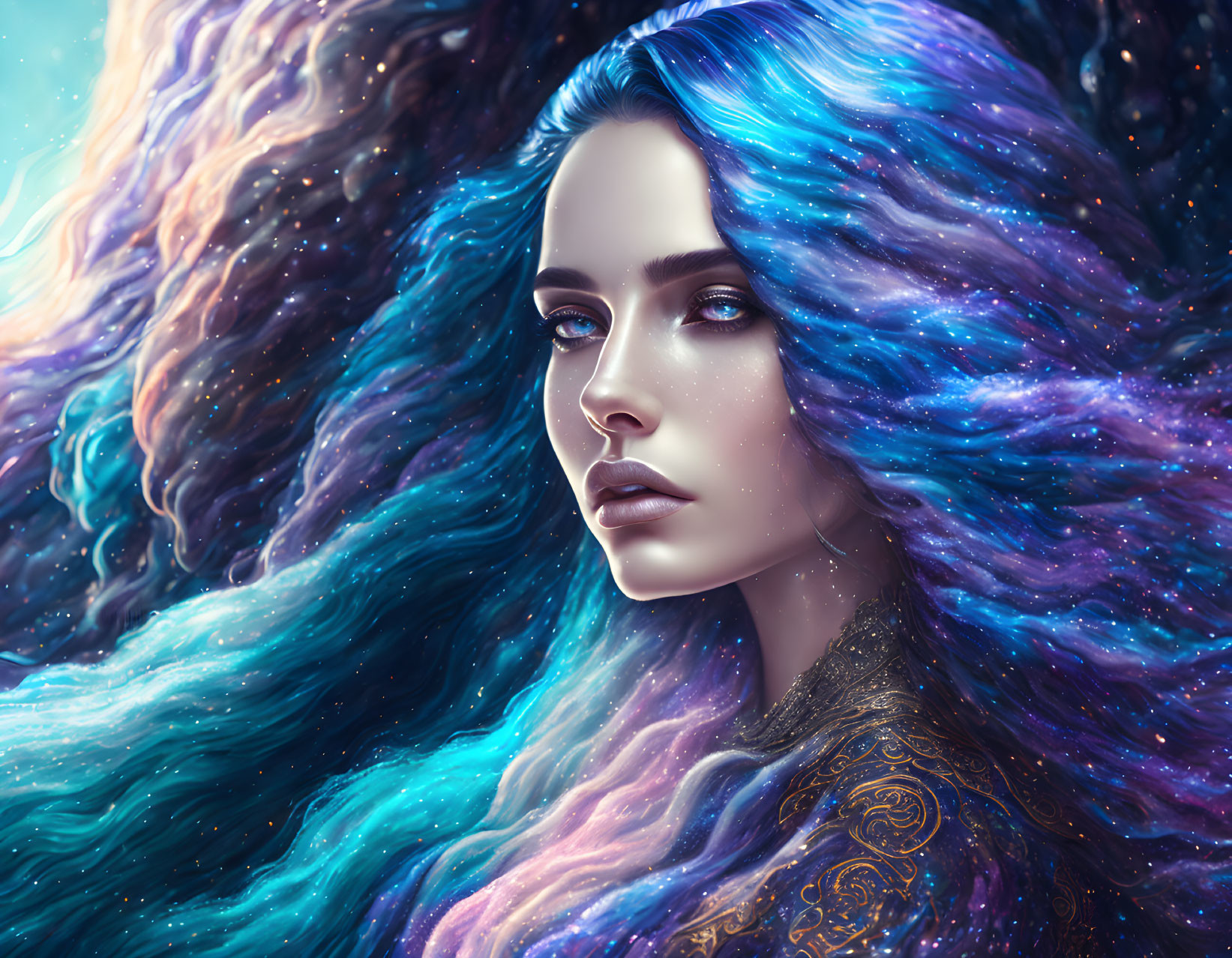 Woman with Blue and Purple Cosmic Hair and Gold-patterned Garment