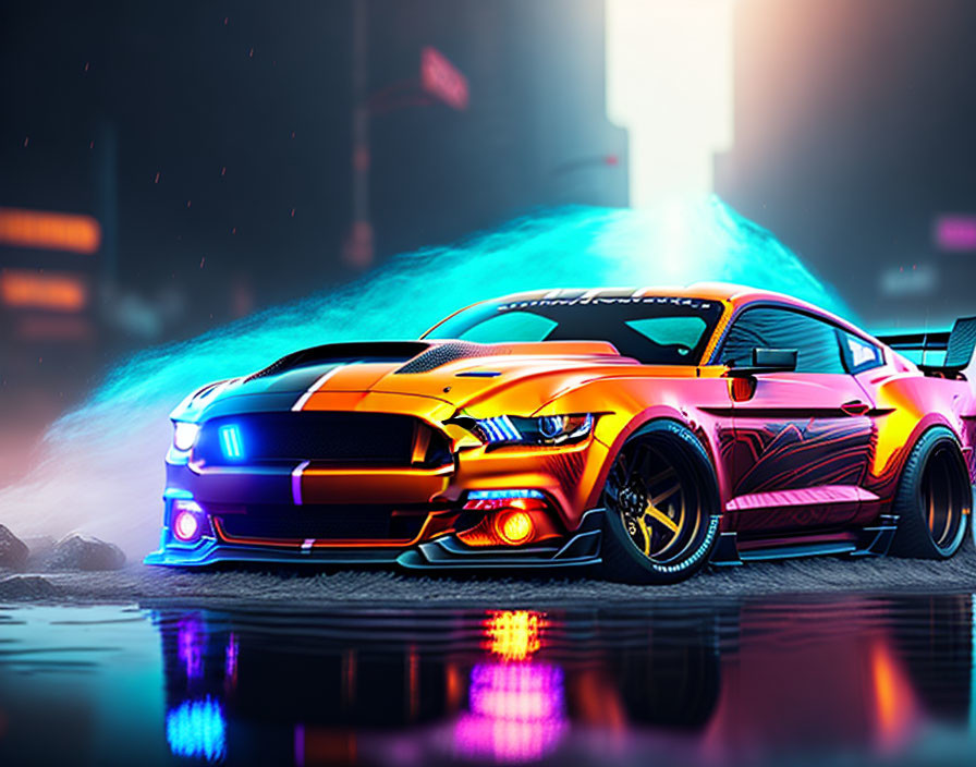 Neon-lit Mustang with vivid paint job speeds through wet urban streetscape