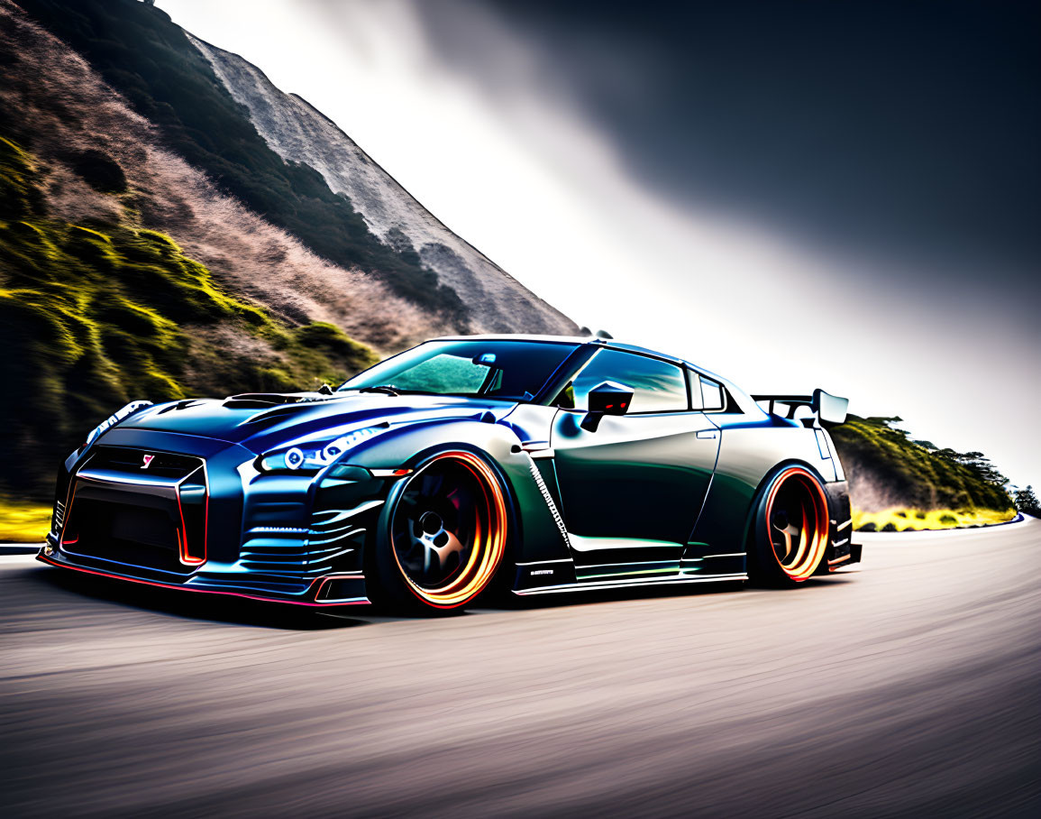 Custom Nissan GT-R sports car with body kit and decals speeding on road with motion blur and mountains.