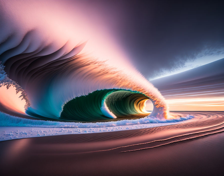 Surreal digital art of massive wave against vibrant sunset