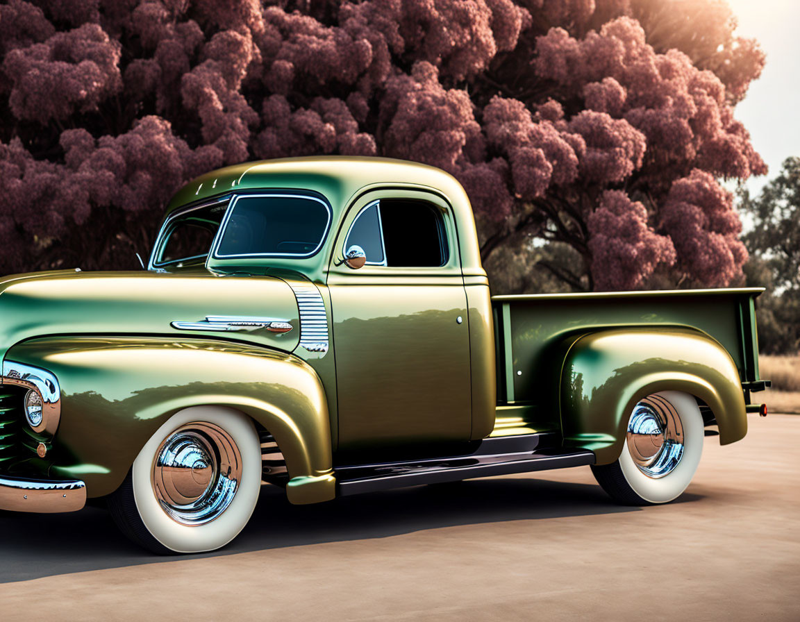 Classic Green Pickup Truck Parked Near Purple Flowering Trees