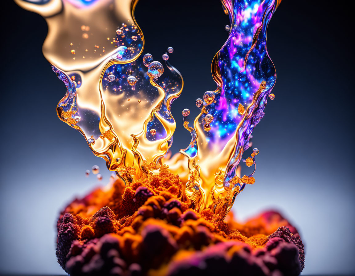 Dynamic Interaction of Orange and Blue-Purple Fluid Streams