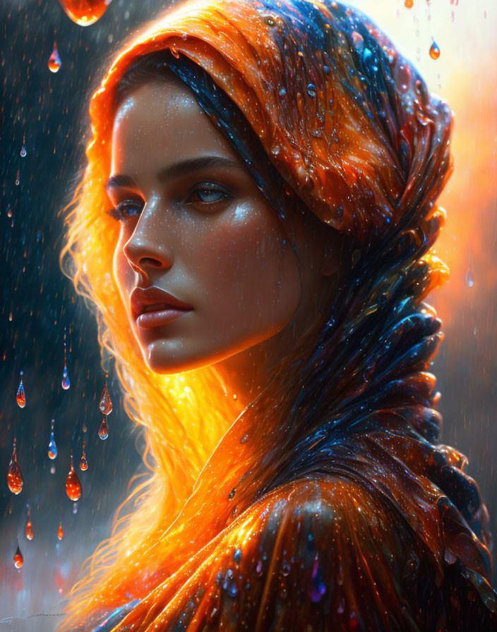 Woman with Blue Eyes in Orange Shawl Surrounded by Colorful Raindrops