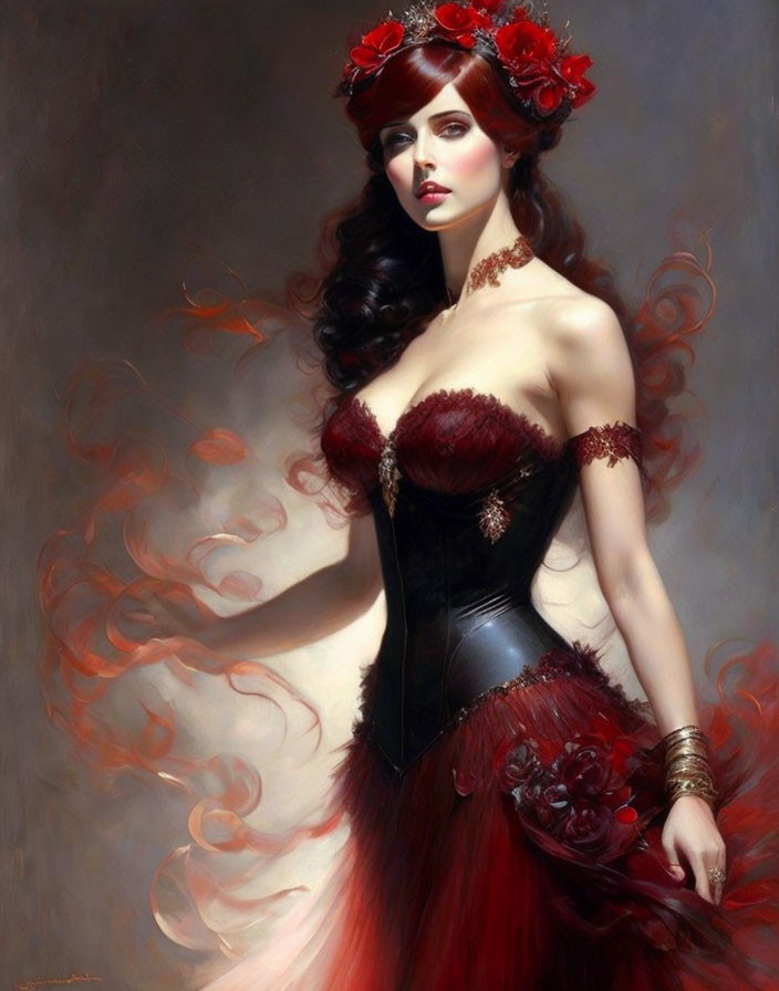 Illustration of elegant woman with red hair in dark corset dress and floral adornments