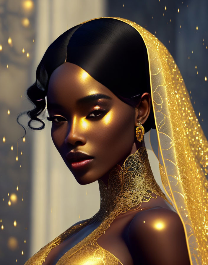 Elegant woman in golden attire and makeup.