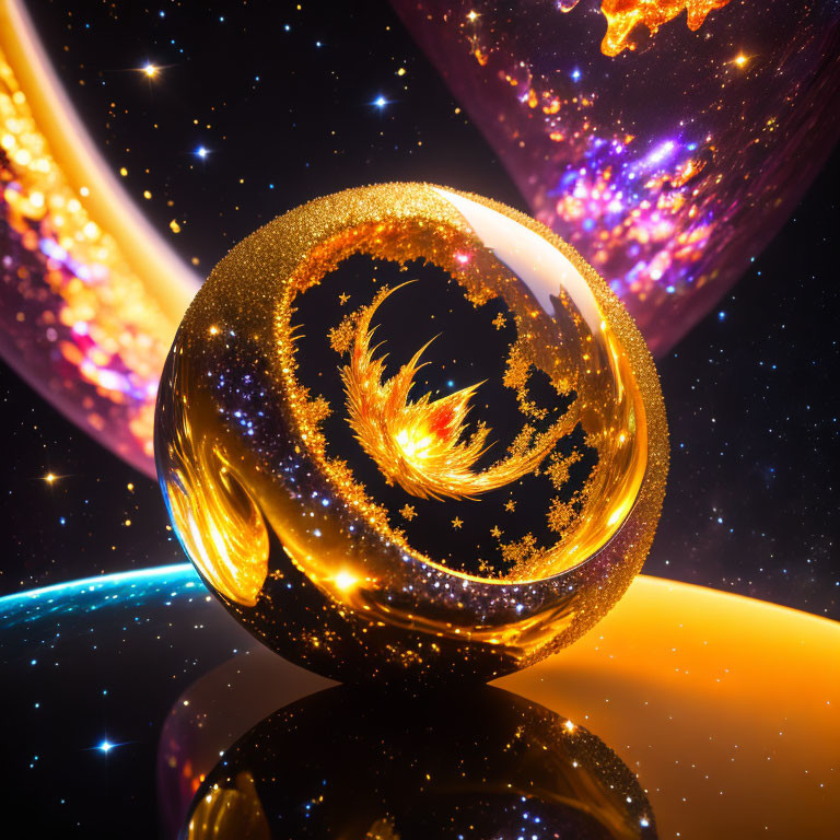 Intricate golden sphere amidst cosmic bodies and stardust