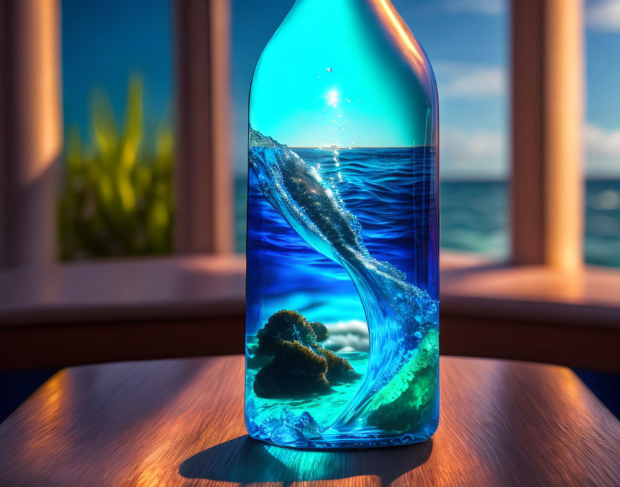 Digitally manipulated image of bottle with water vortex in sunny ocean setting