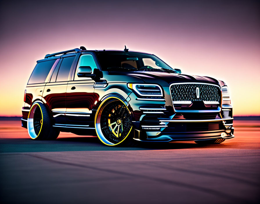 Custom body kit luxury SUV with black rims under vibrant sunset sky