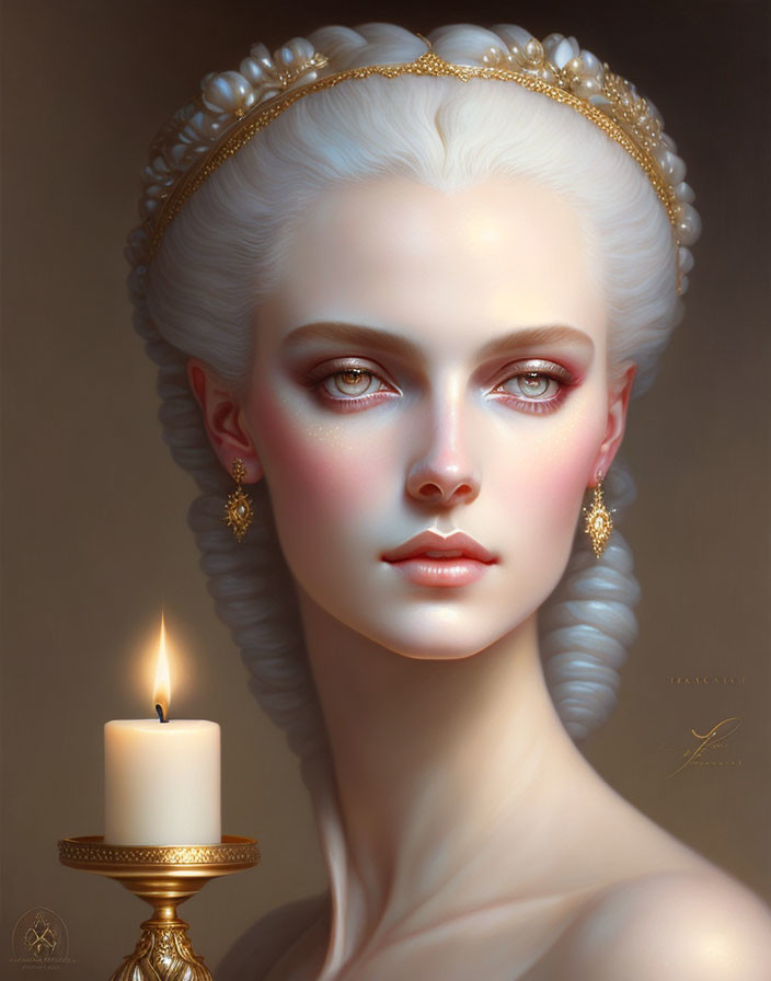 Elegant woman portrait with pearl earrings and updo by candlelight